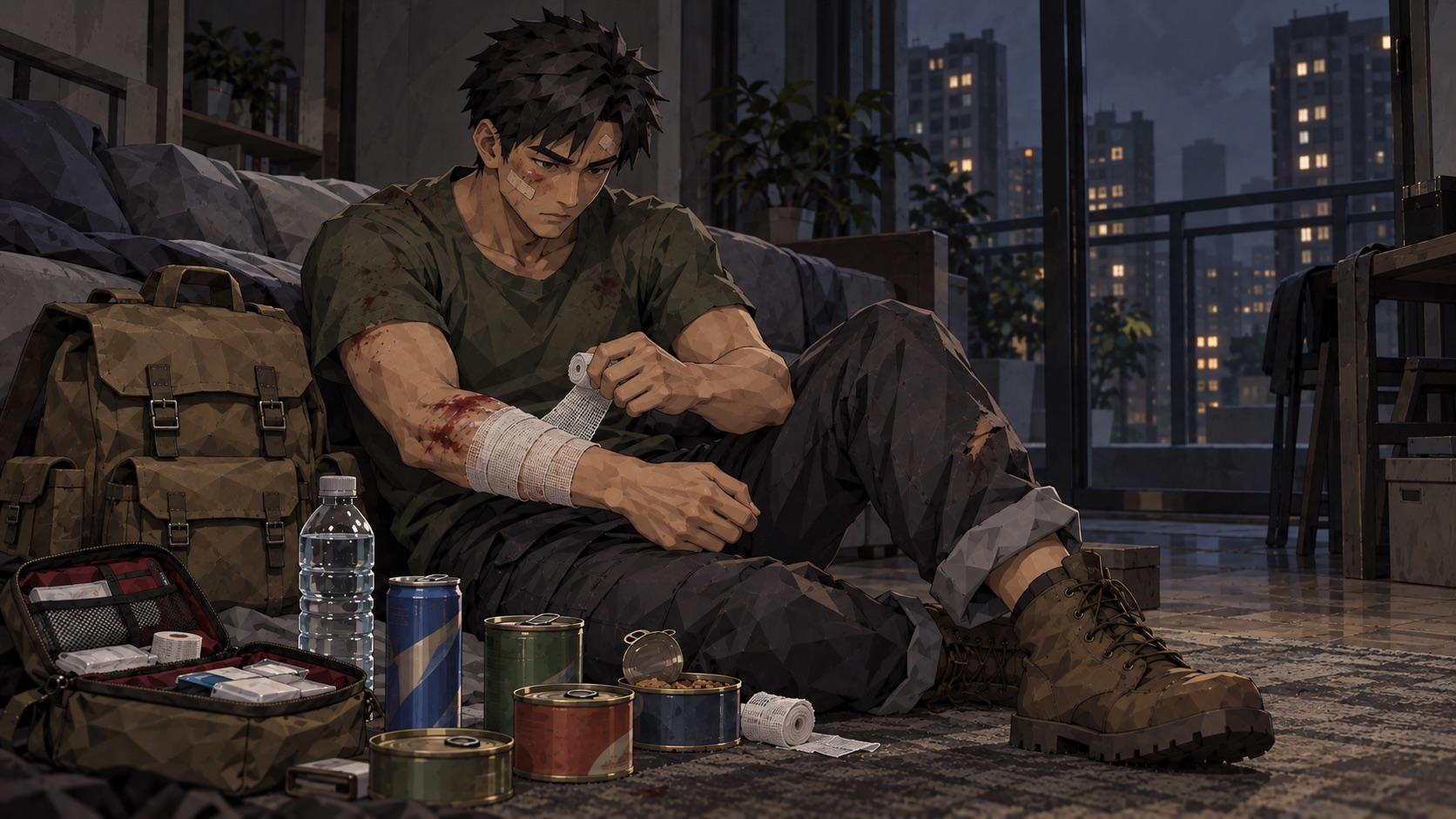 The survivor on the floor of a dark unit, bandaging his arm, with tins, water, an energy drink and a first aid kit beside his backpack