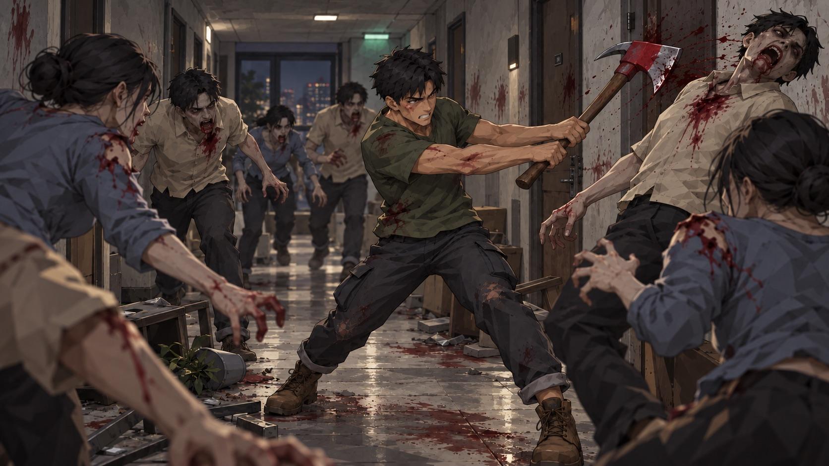 The survivor swinging a fire axe at a crowd of turned residents in a bloodied corridor