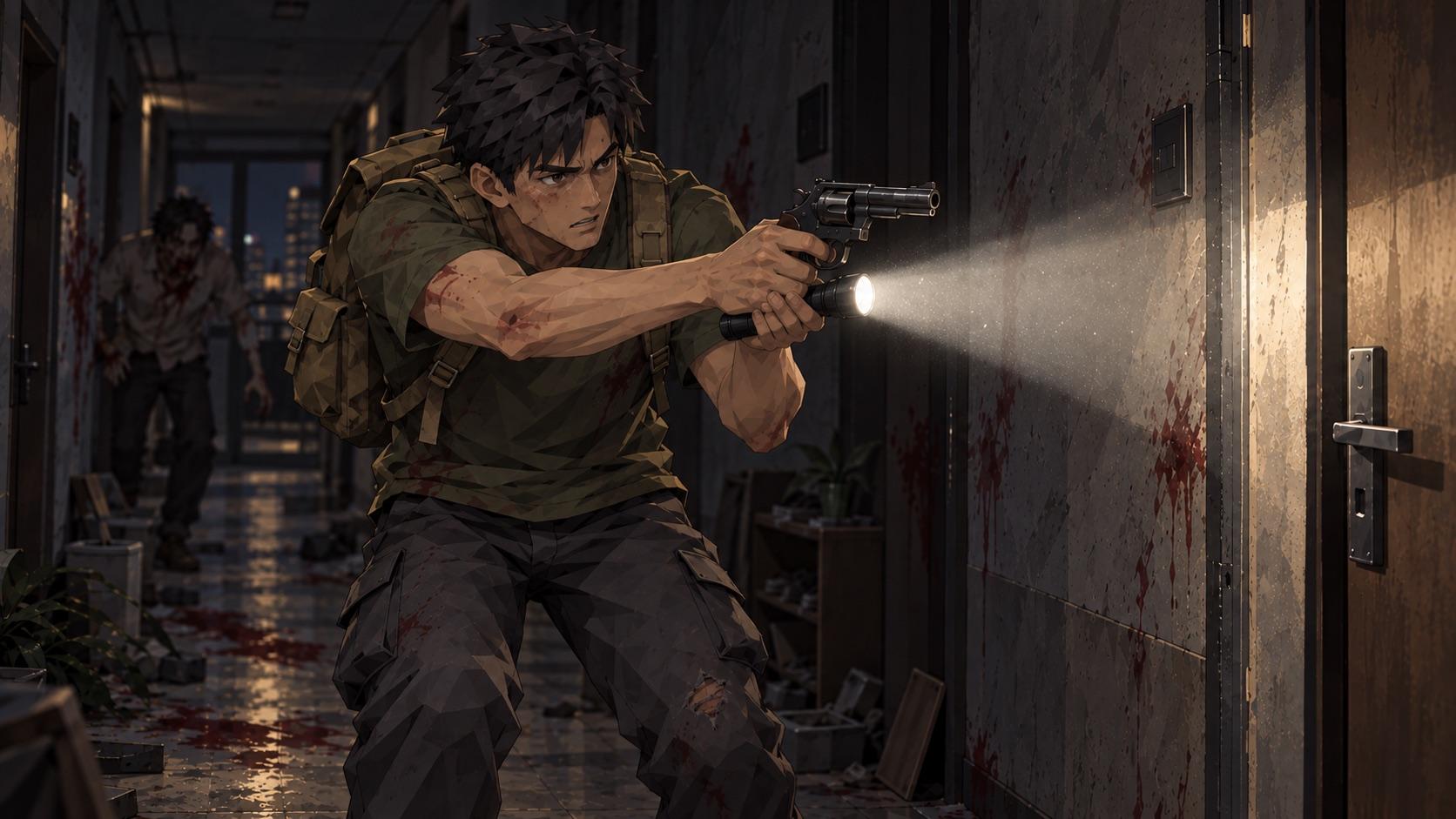 The survivor aiming a revolver along a flashlight's beam in a dark, bloodstained corridor, a walker behind him
