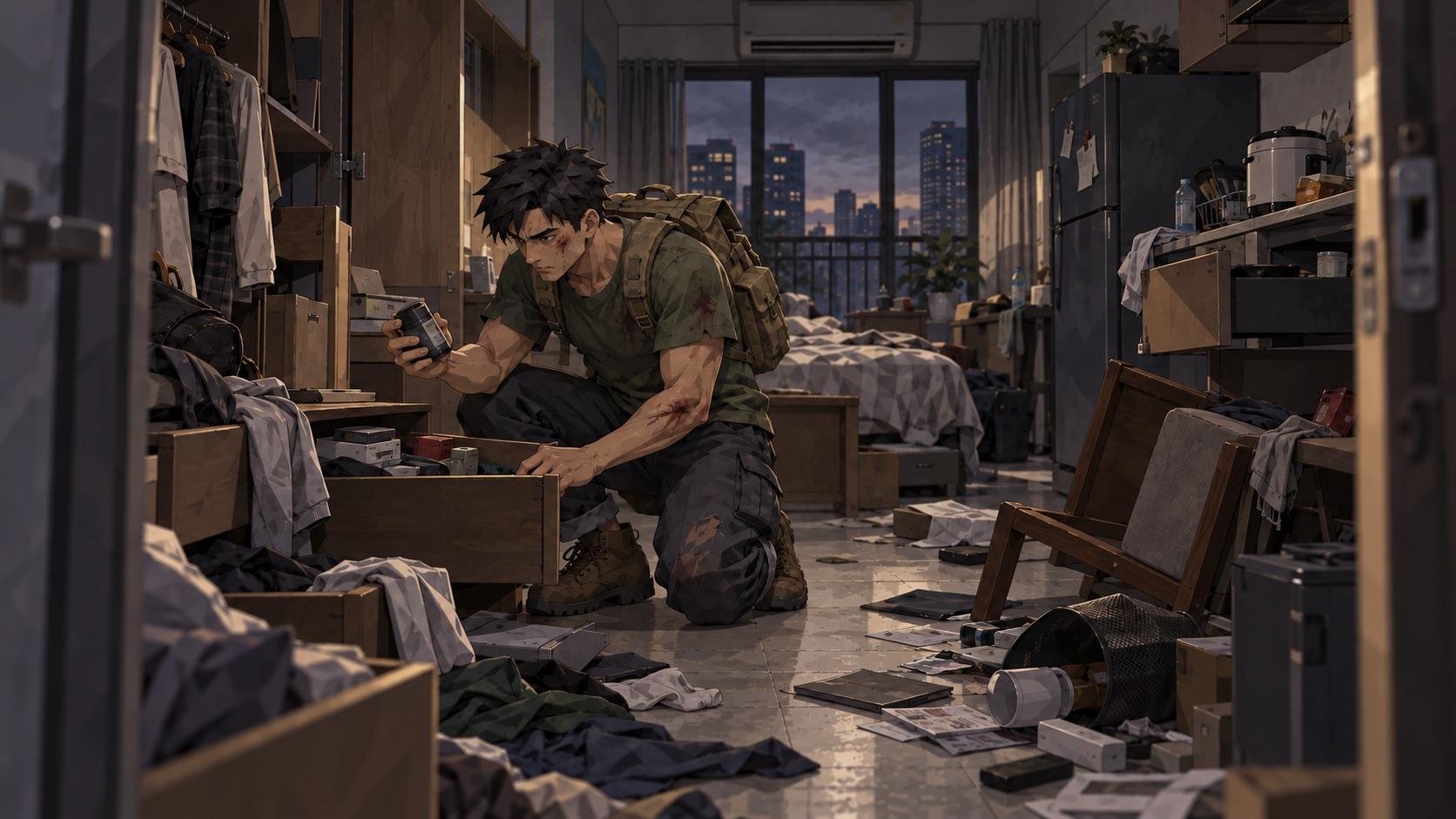 The survivor, backpack on, kneeling in a ransacked condo unit and going through a drawer